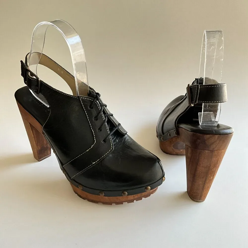Bed Stu Cobbler Magnet Leather Oxford Slingback Wood Clogs 9